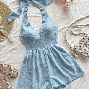 Blue Boho Women's Textured swiss dot halter Romper Vacation